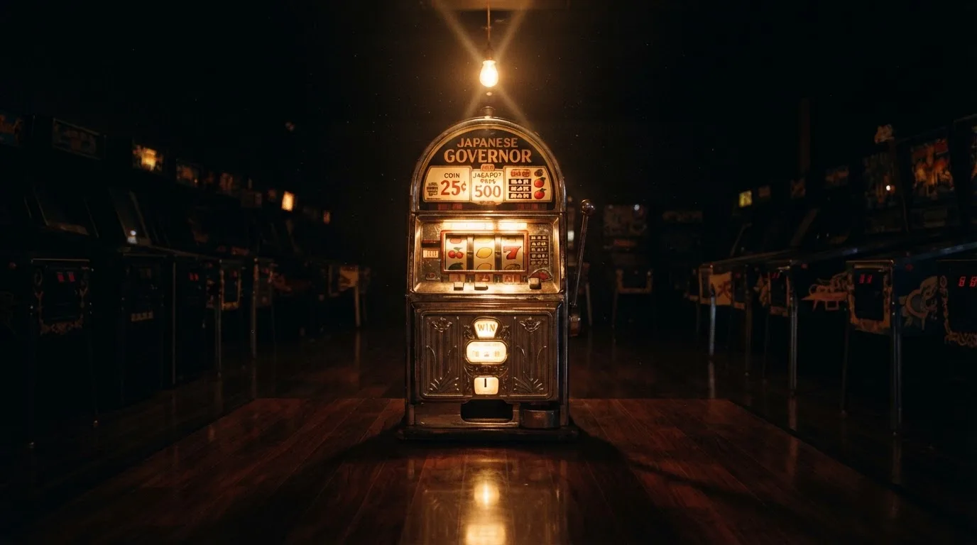 En gammal spelautomat lyser i den dunkla hallen och speglar sig i golvet — populära casinon i sverige