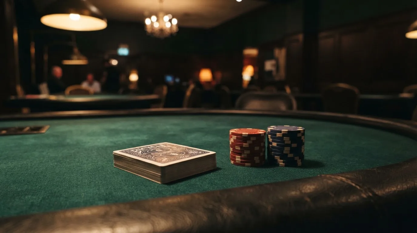 Kortlek och staplar av spelmarker på ett grönt filtbord i en dunkel salong, varmt lampsken — roulette gratis i sverige