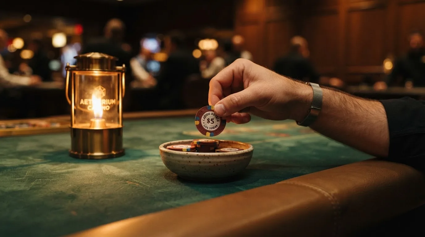 En hand lyfter en spelmark ur en skål, ljuslågan färgar bordet gyllenbrunt — roulette med bonus i sverige
