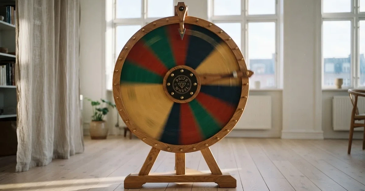 Ett lyckohjul med träpil snurrar i ett ljust rum, de färgglada fälten suddiga av farten — roulette med bonus i sverige
