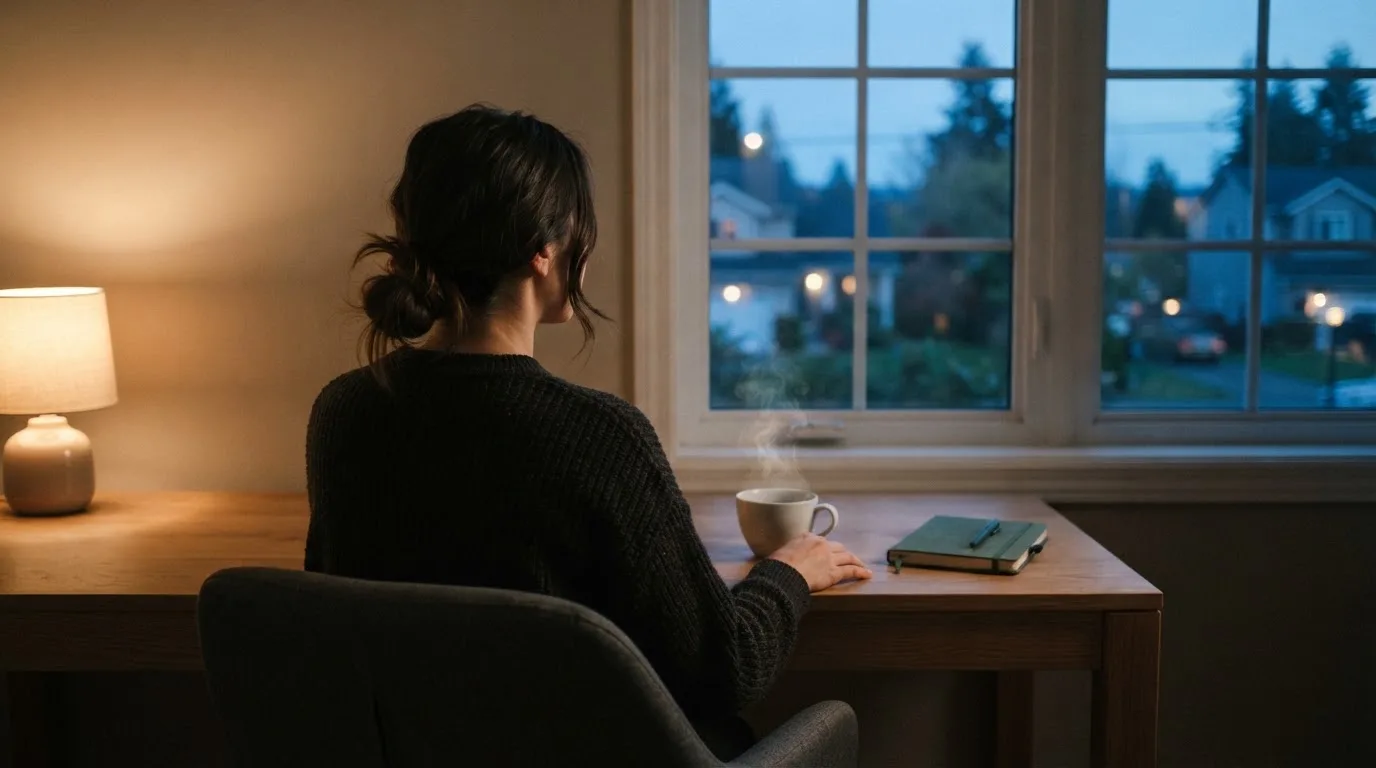 En person sitter vid ett skrivbord hemma med en kopp kaffe och tittar ut genom fönstret medan kvällsljuset faller in mjukt.