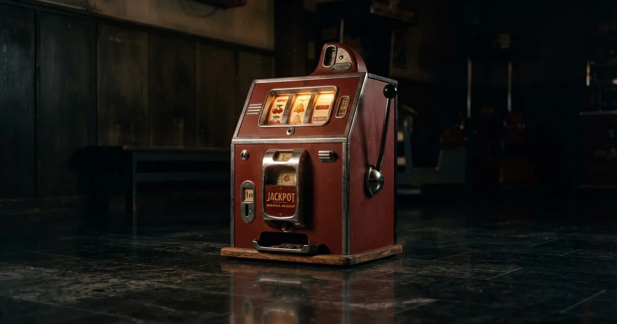 En gammal spelautomat lyser i den dunkla hallen och speglar sig i golvet — säkra casinon i sverige