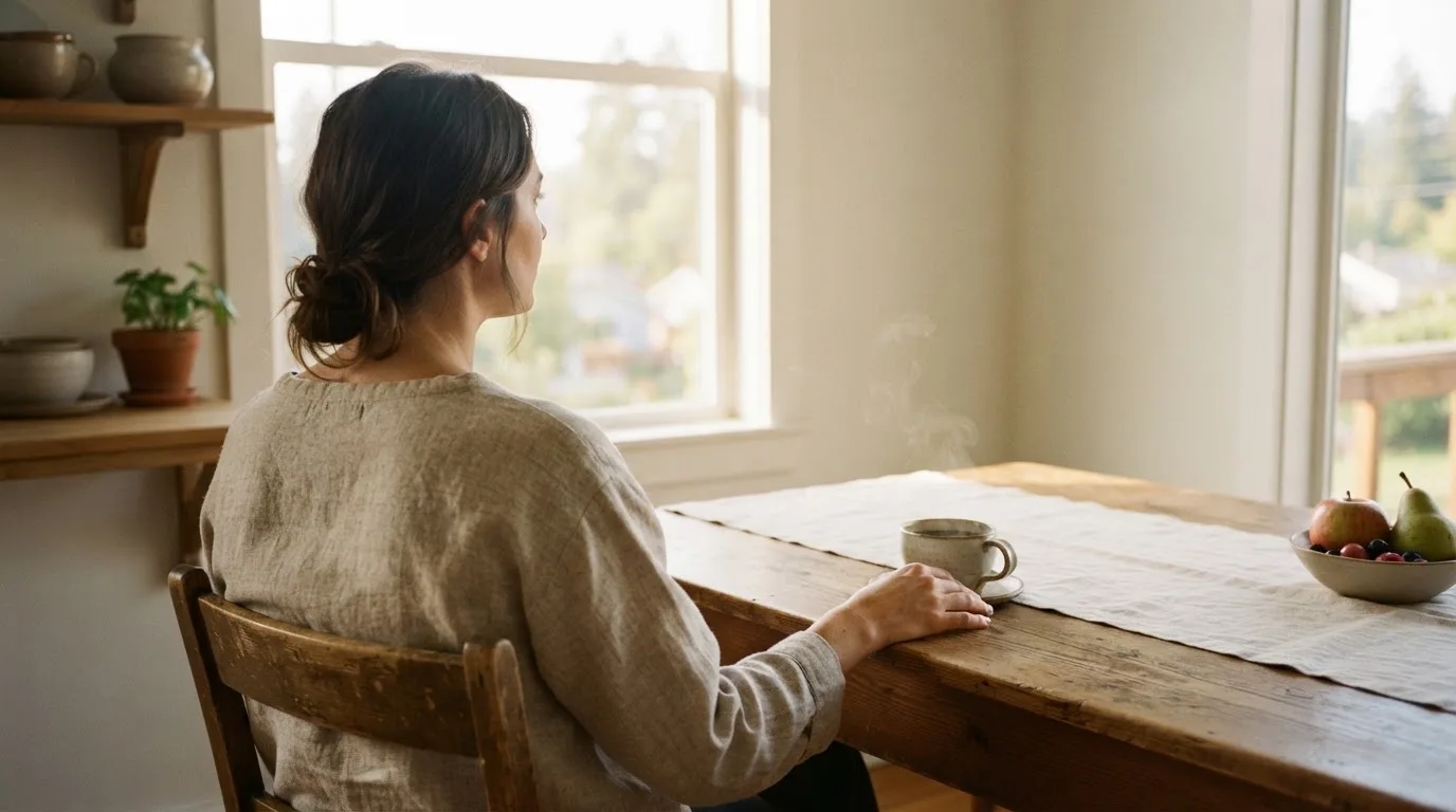En person sitter vid köksbordet med en kopp kaffe och tittar ut genom fönstret i mjukt morgonljus.