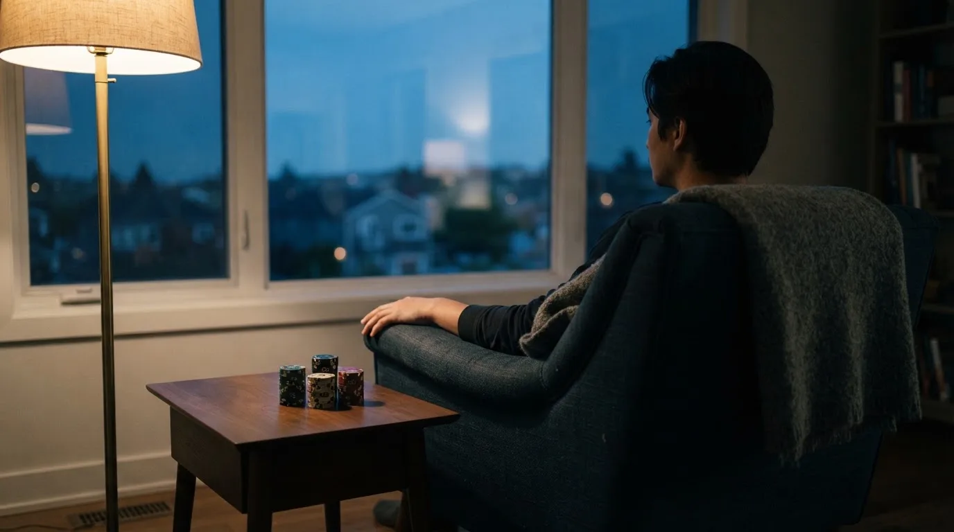 En person sitter ensam i en fåtölj med händerna knäppta och blicken riktad ut genom fönstret en lugn kväll.