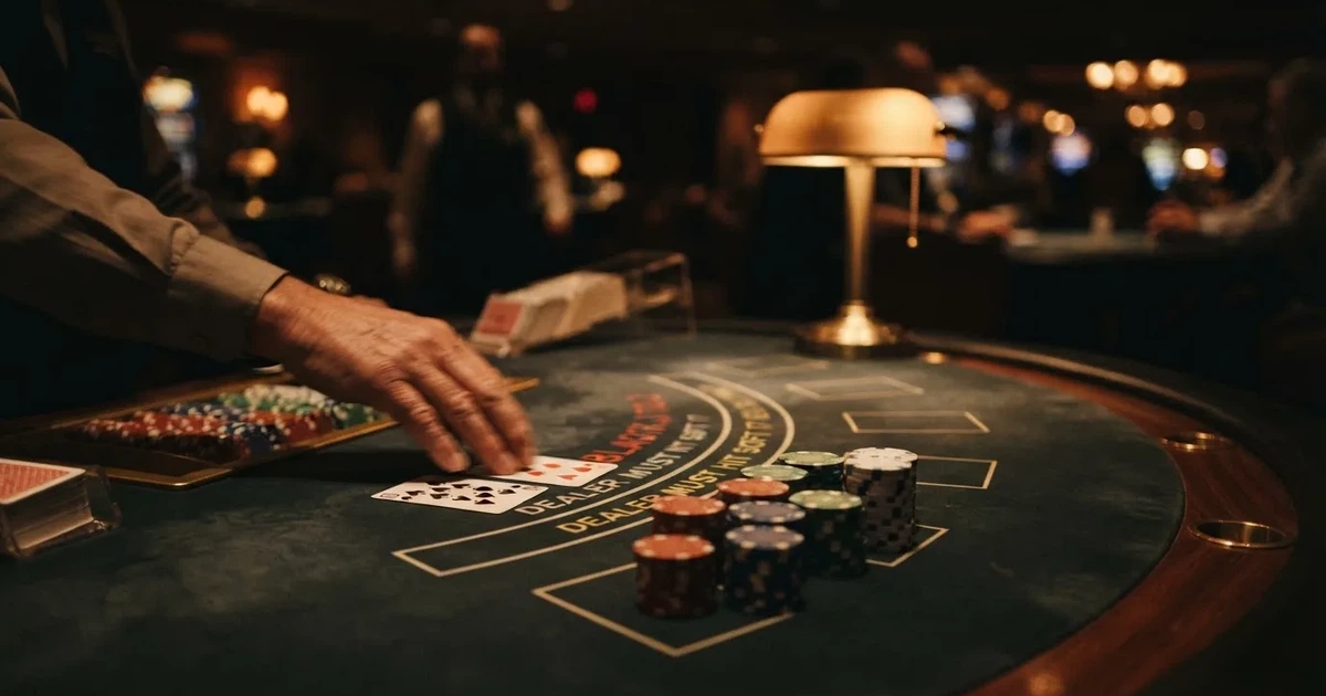 En närbild av ett grönt blackjackbord med kortlek, spelmarker i olika färger och suddiga händer som delar korten i mjukt ljus.