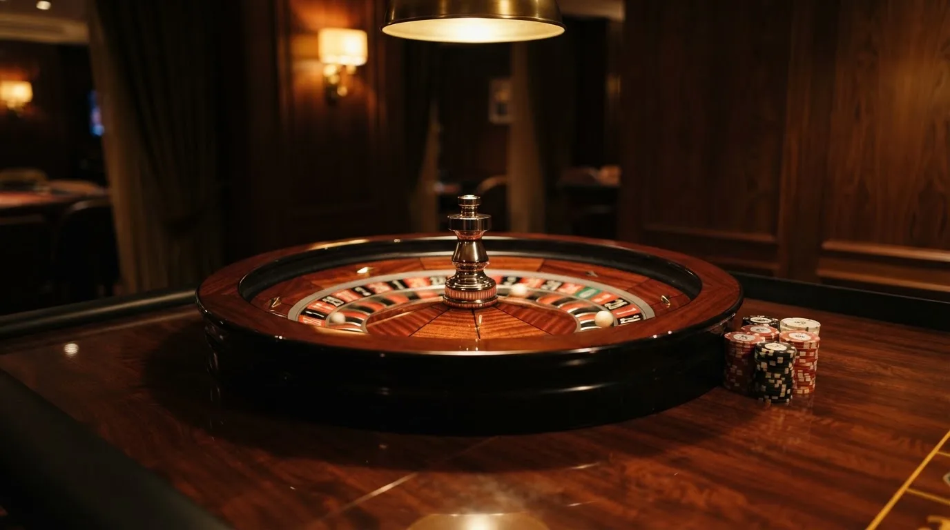 Ett roulettehjul snurrar på ett blankt träbord, den vita kulan glimmar i takljusets guld — spela spelautomater i sverige