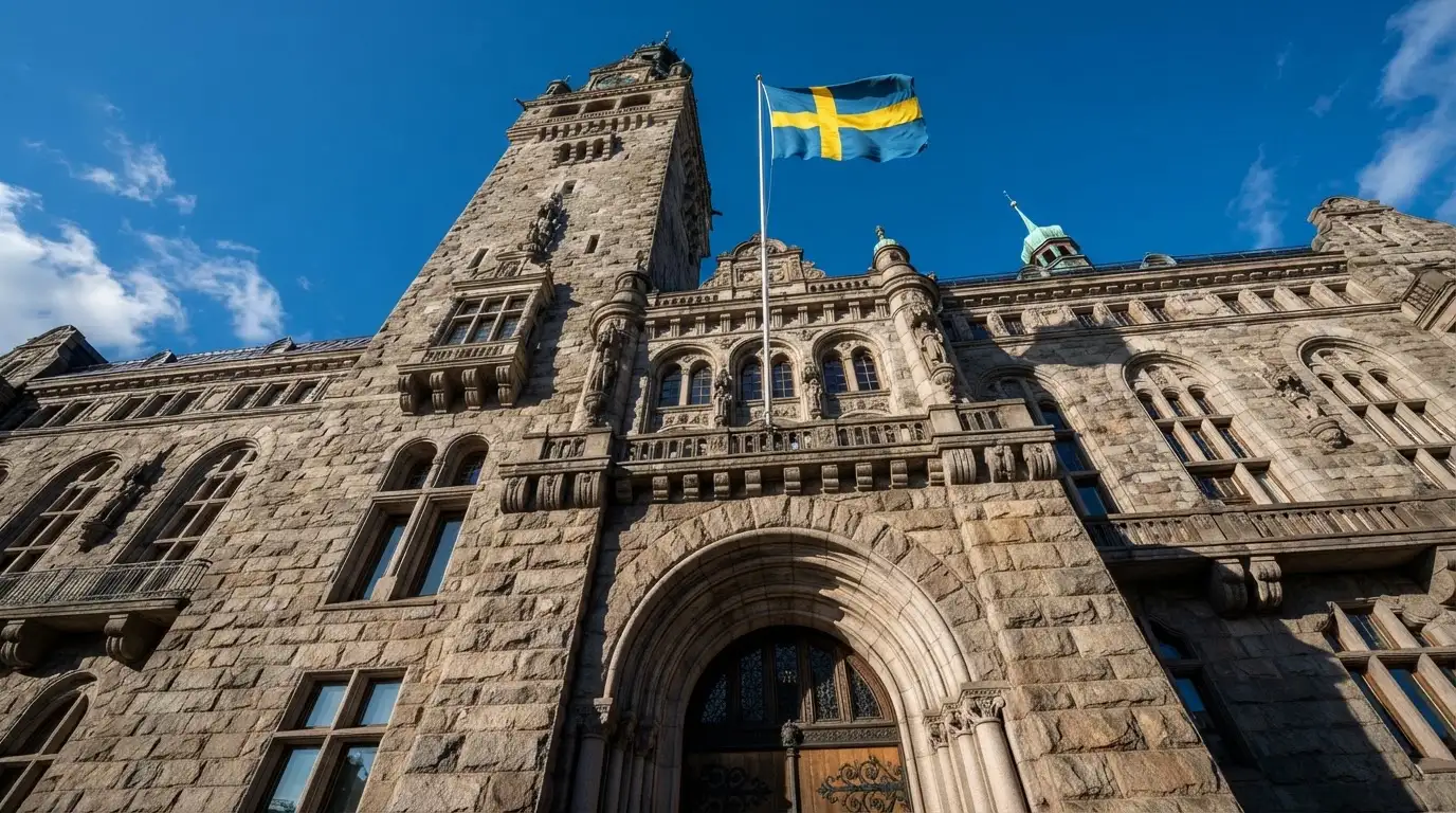 Ett gammalt stadshus i sten fotograferat underifrån mot en klarblå himmel, med den svenska flaggan som fladdrar ovanför entrén.