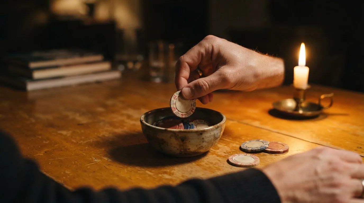 En hand lyfter en spelmark ur en skål, ljuslågan färgar bordet gyllenbrunt — spelautomater på nätet