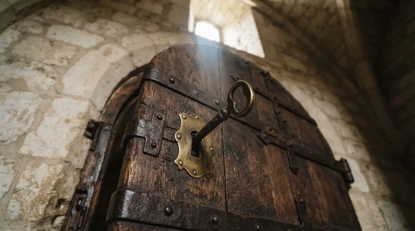 En tung mässingsnyckel i låset på en ekdörr i ett stenvalv, dagsljus silas in — spelautomater på nätet