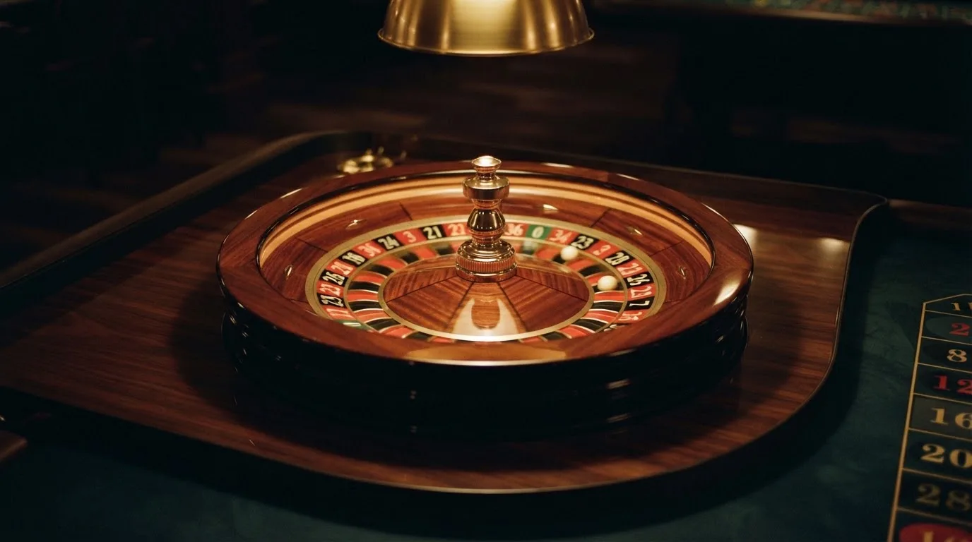 Ett roulettehjul snurrar på ett blankt träbord, den vita kulan glimmar i takljusets guld — svenska casino betala med telefon