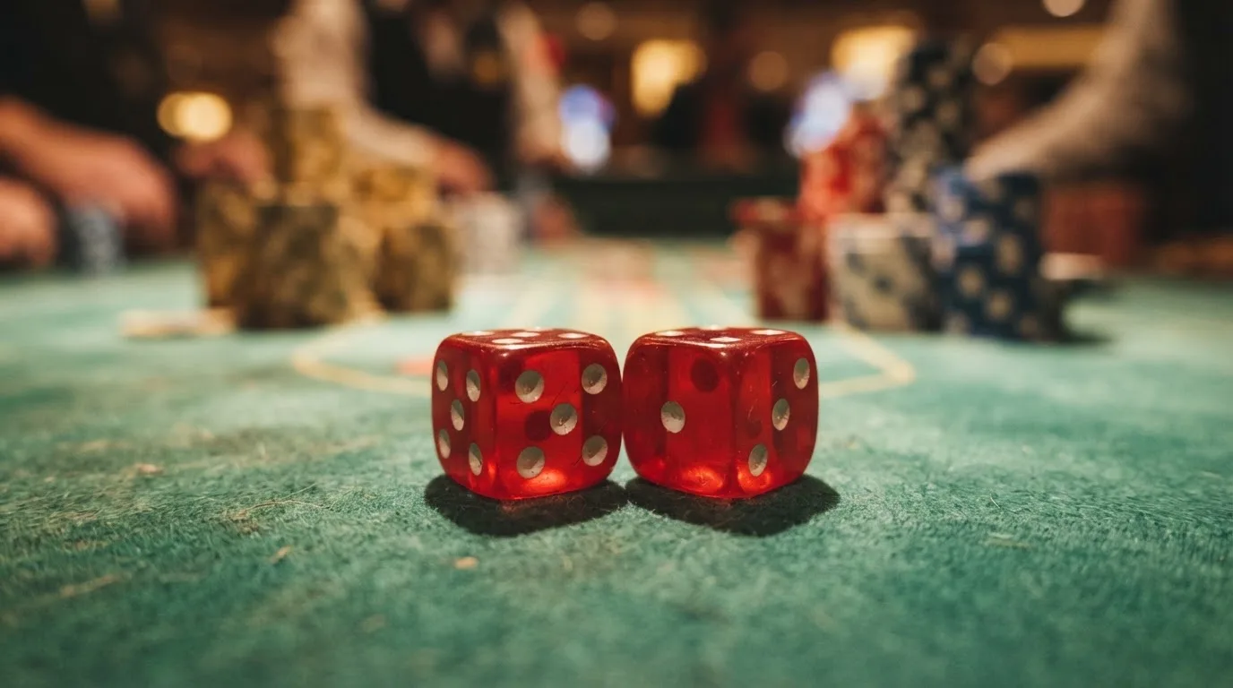 Röda tärningar vilar på grönt filt, bakom dem suddiga torn av spelmarker i kvällsdunklet — svenska casinon för high rollers