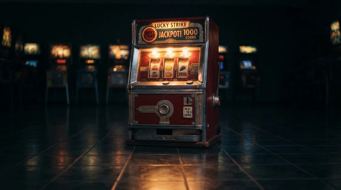 En gammal spelautomat lyser i den dunkla hallen och speglar sig i golvet — svenska casinon för storspelare