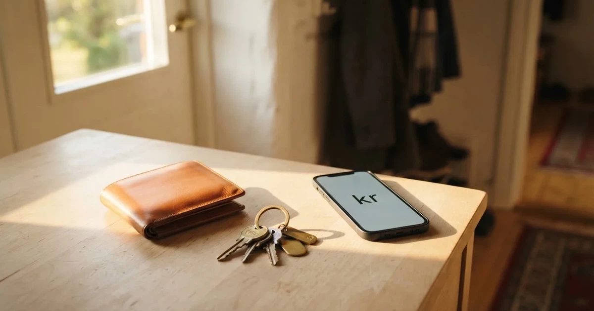 En läderplånbok och en nyckelknippa på en byrå, morgonljus genom dörrens glasruta — svenska casinon med apple pay