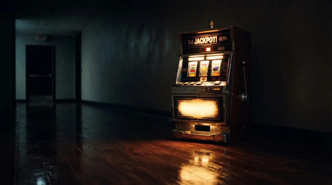En gammal spelautomat lyser i den dunkla hallen och speglar sig i golvet — svenska casinon med banköverföring
