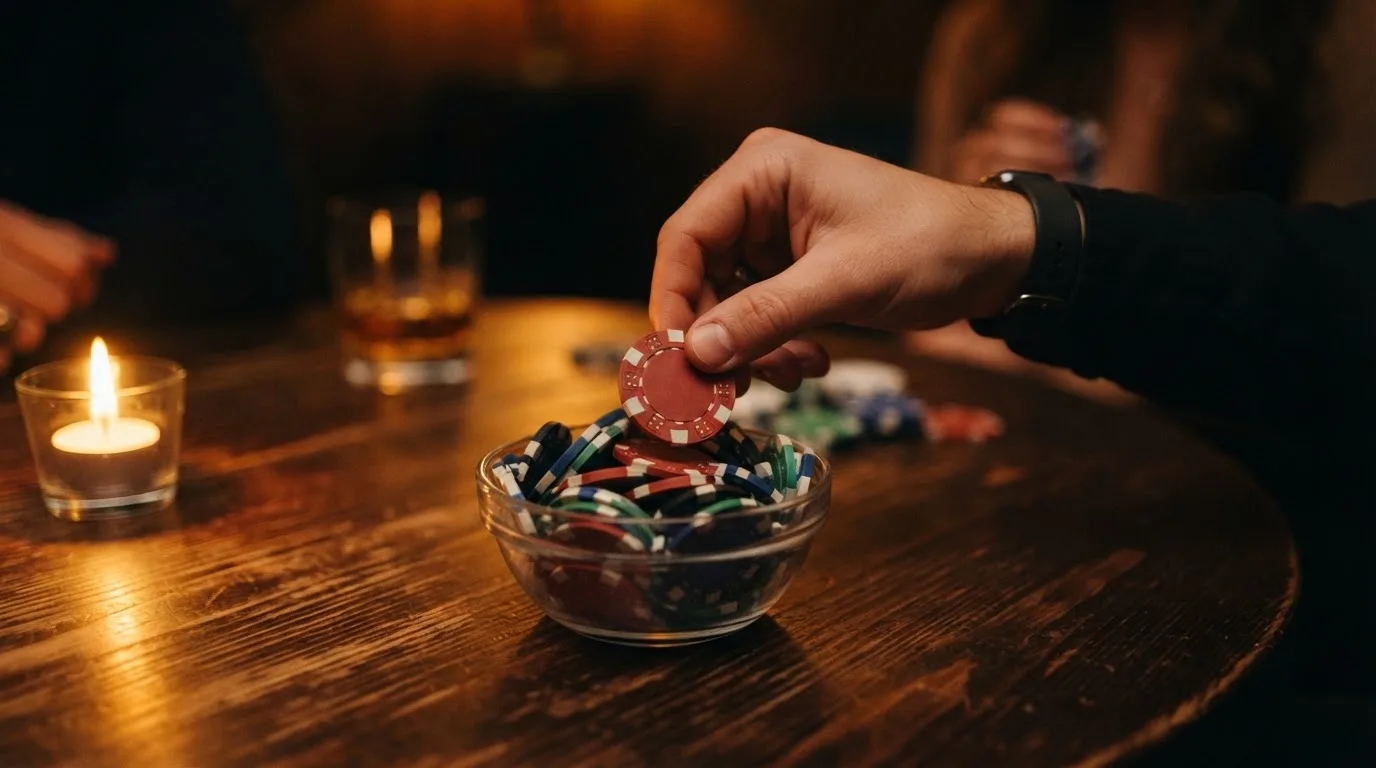 En hand lyfter en spelmark ur en skål, ljuslågan färgar bordet gyllenbrunt — svenska casinon med bonuskoder