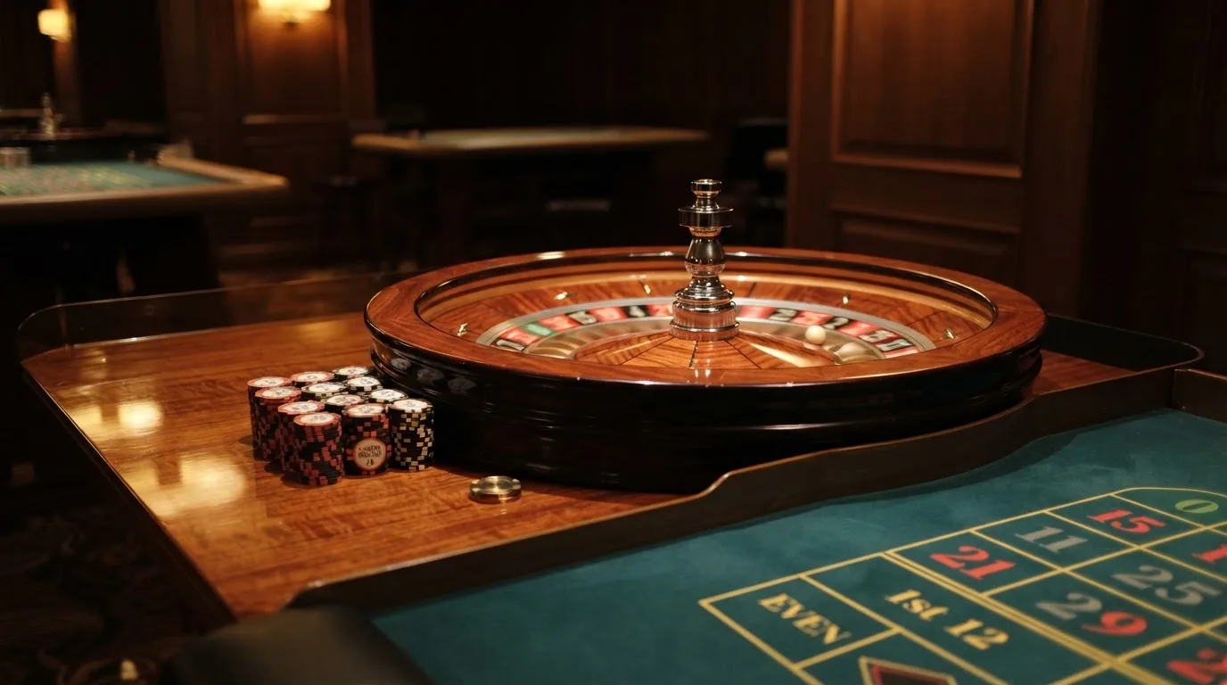 Ett roulettehjul snurrar på ett blankt träbord, den vita kulan glimmar i takljusets guld — svenska casinon med brite