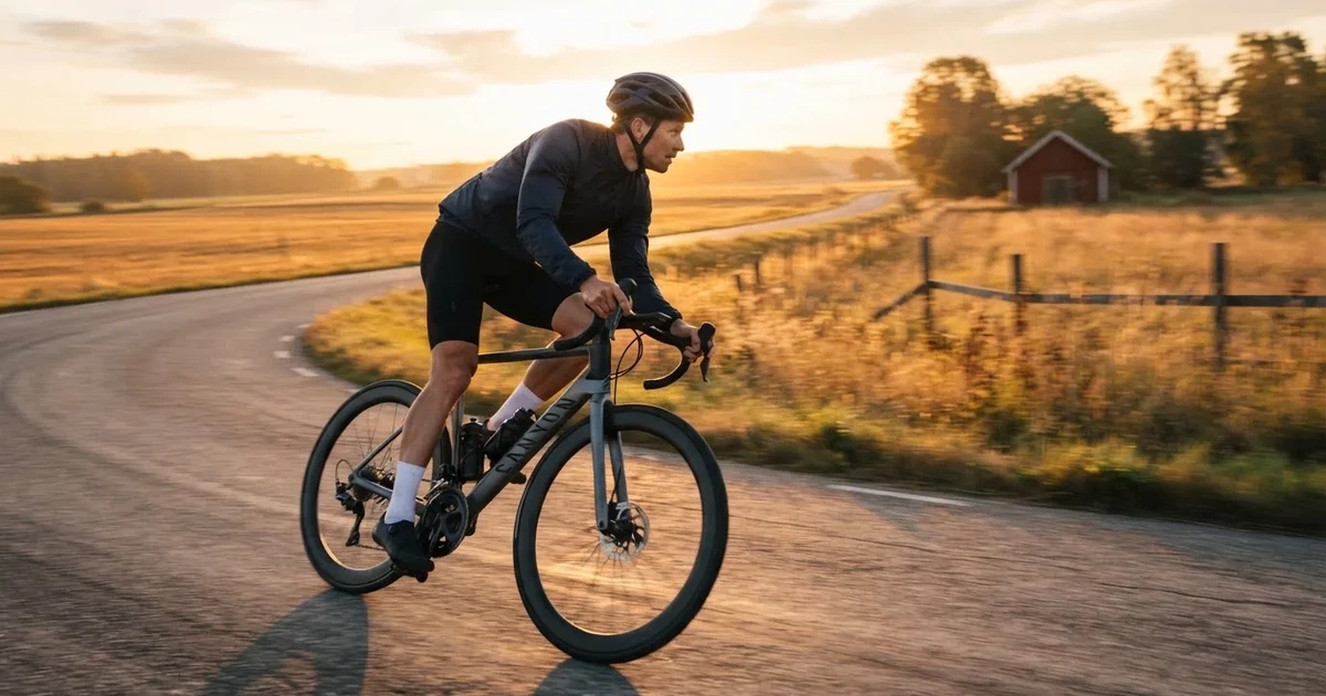 En cyklist susar längs en landsväg vid soluppgång, farten gör åkrarna suddiga i bakgrunden — svenska casinon med brite
