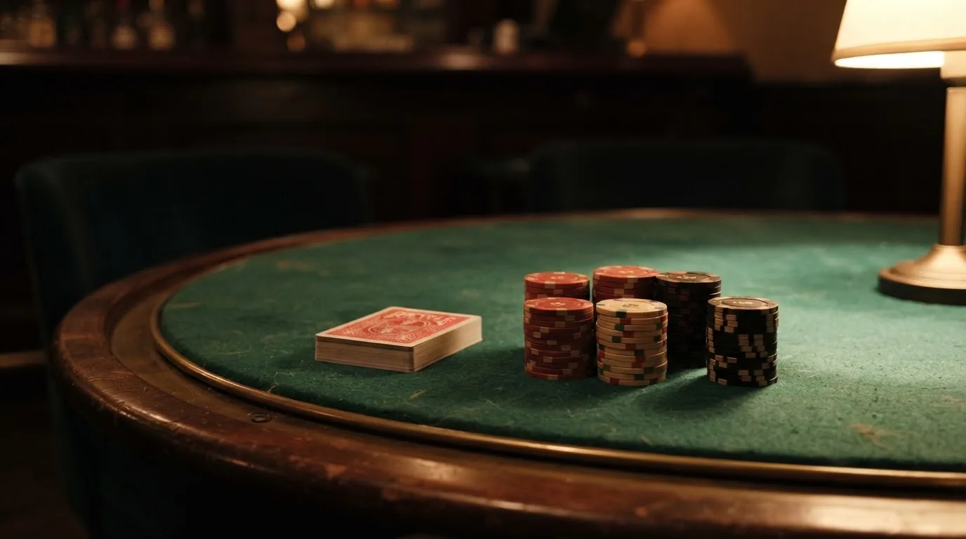 Kortlek och staplar av spelmarker på ett grönt filtbord i en dunkel salong, varmt lampsken — svenska casinon med faktura