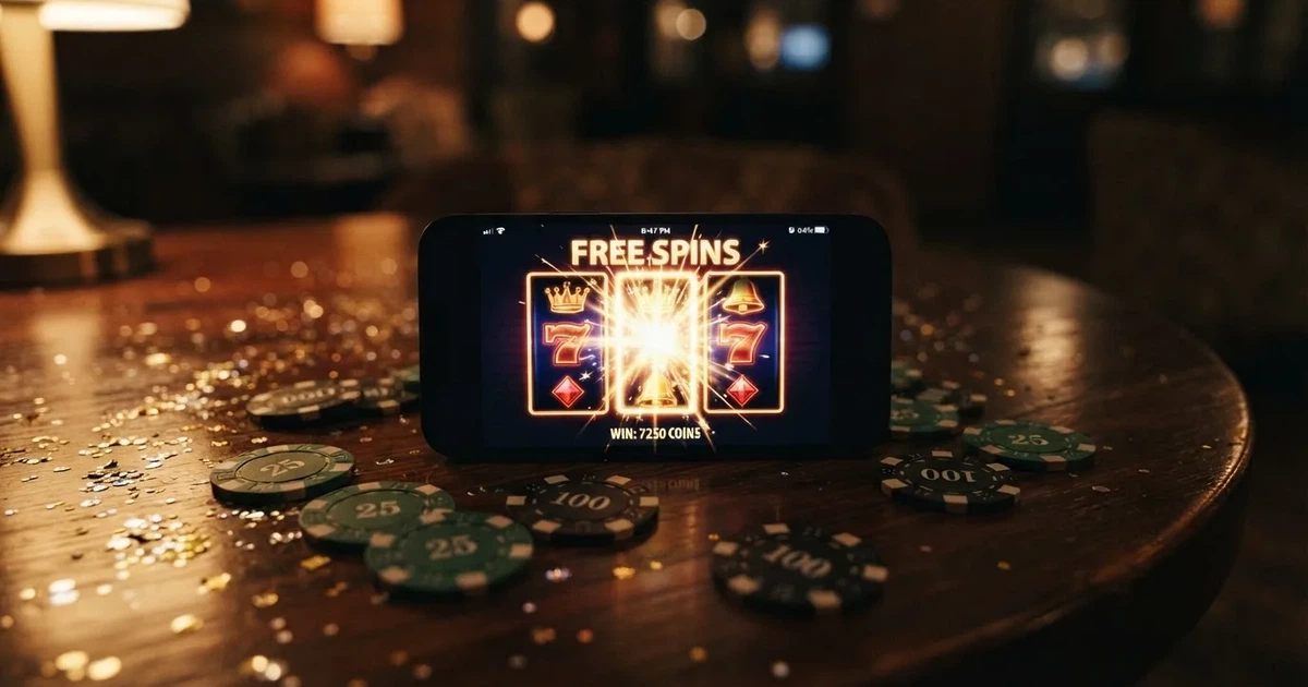En hand håller upp en smartphone med skärmen vänd nedåt bredvid glittrande konfetti och guldmynt på ett mörkt bord.