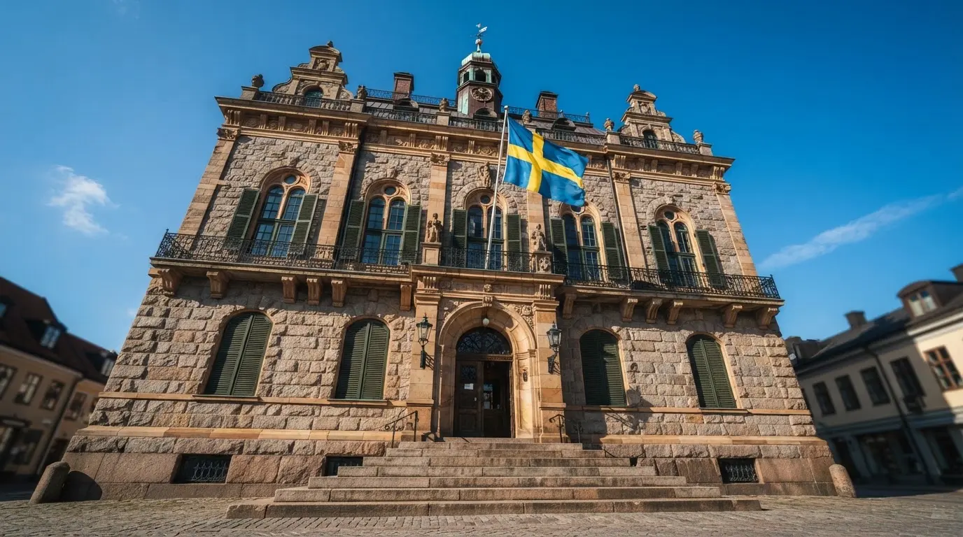Ett gammalt stadshus i sten fotograferat underifrån mot en klarblå himmel, med den svenska flaggan som fladdrar ovanför entrén.