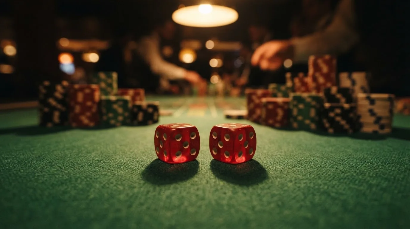 Röda tärningar vilar på grönt filt, bakom dem suddiga torn av spelmarker i kvällsdunklet — svenska casinon med google pay