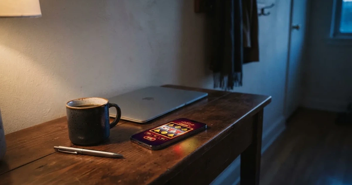 Kaffekopp och penna på ett smalt hallbord i skymning, en stängd bärbar dator vid sidan — svenska casinon med google pay