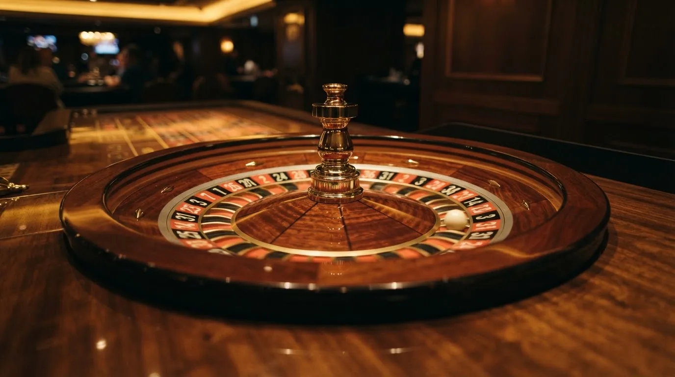 Ett roulettehjul snurrar på ett blankt träbord, den vita kulan glimmar i takljusets guld — svenska casinon med högst rtp