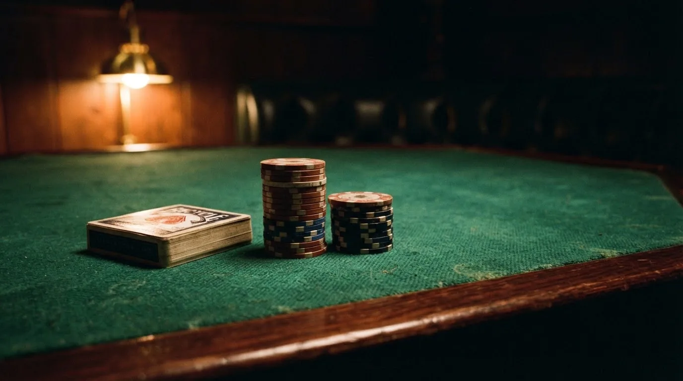 Kortlek och staplar av spelmarker på ett grönt filtbord i en dunkel salong, varmt lampsken — svenska casinon med jeton