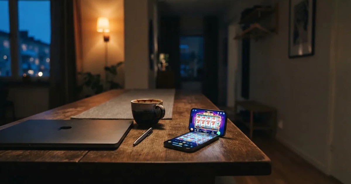 Kaffekopp och penna på ett smalt hallbord i skymning, en stängd bärbar dator vid sidan — svenska casinon med jeton