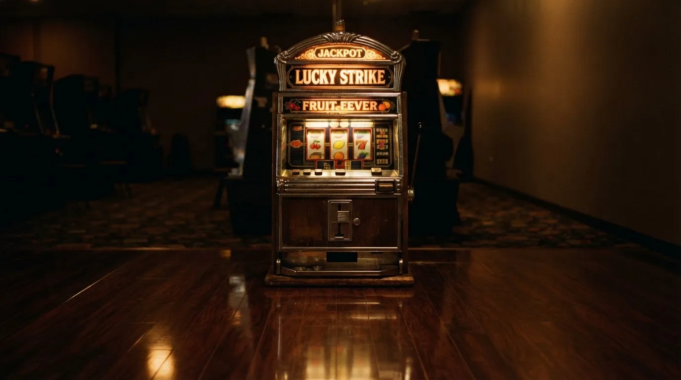 En gammal spelautomat lyser i den dunkla hallen och speglar sig i golvet — svenska casinon med keno