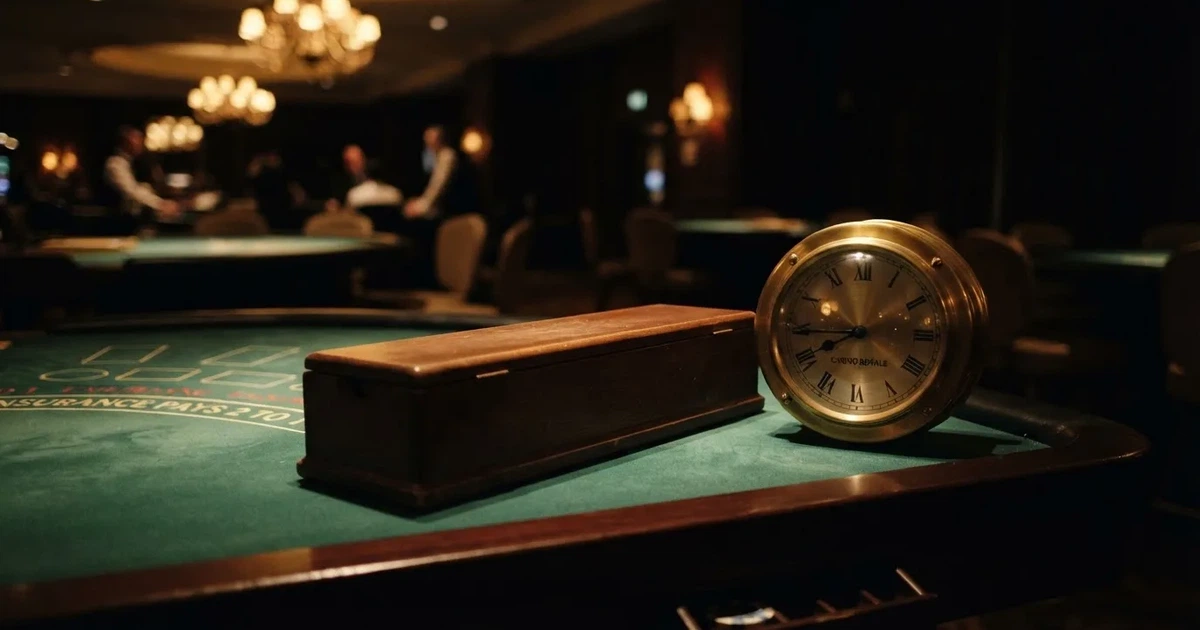 Grönt filt och en lång kortlåda av trä vid bordskanten, bredvid en blank mässingsklocka — svenska casinon med keno