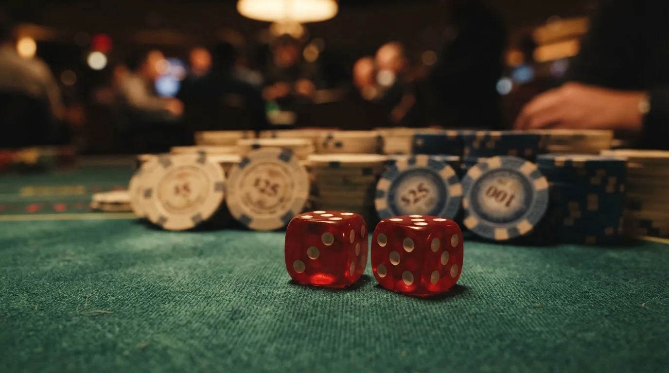 Röda tärningar vilar på grönt filt, bakom dem suddiga torn av spelmarker i kvällsdunklet — svenska casinon med klarna