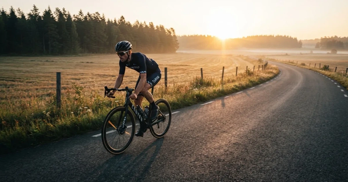 En cyklist susar längs en landsväg vid soluppgång, farten gör åkrarna suddiga i bakgrunden — svenska casinon med klarna