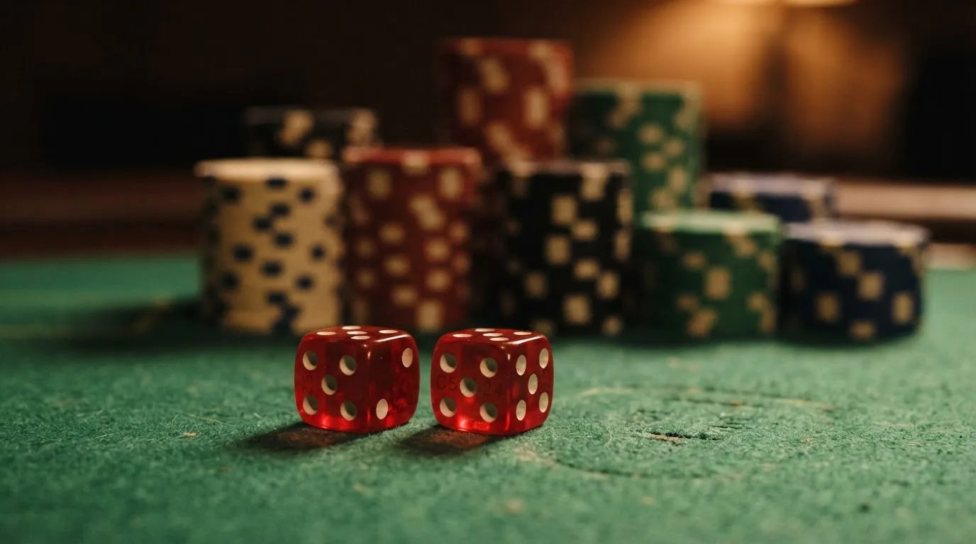 Röda tärningar vilar på grönt filt, bakom dem suddiga torn av spelmarker i kvällsdunklet — svenska casinon med litecoin
