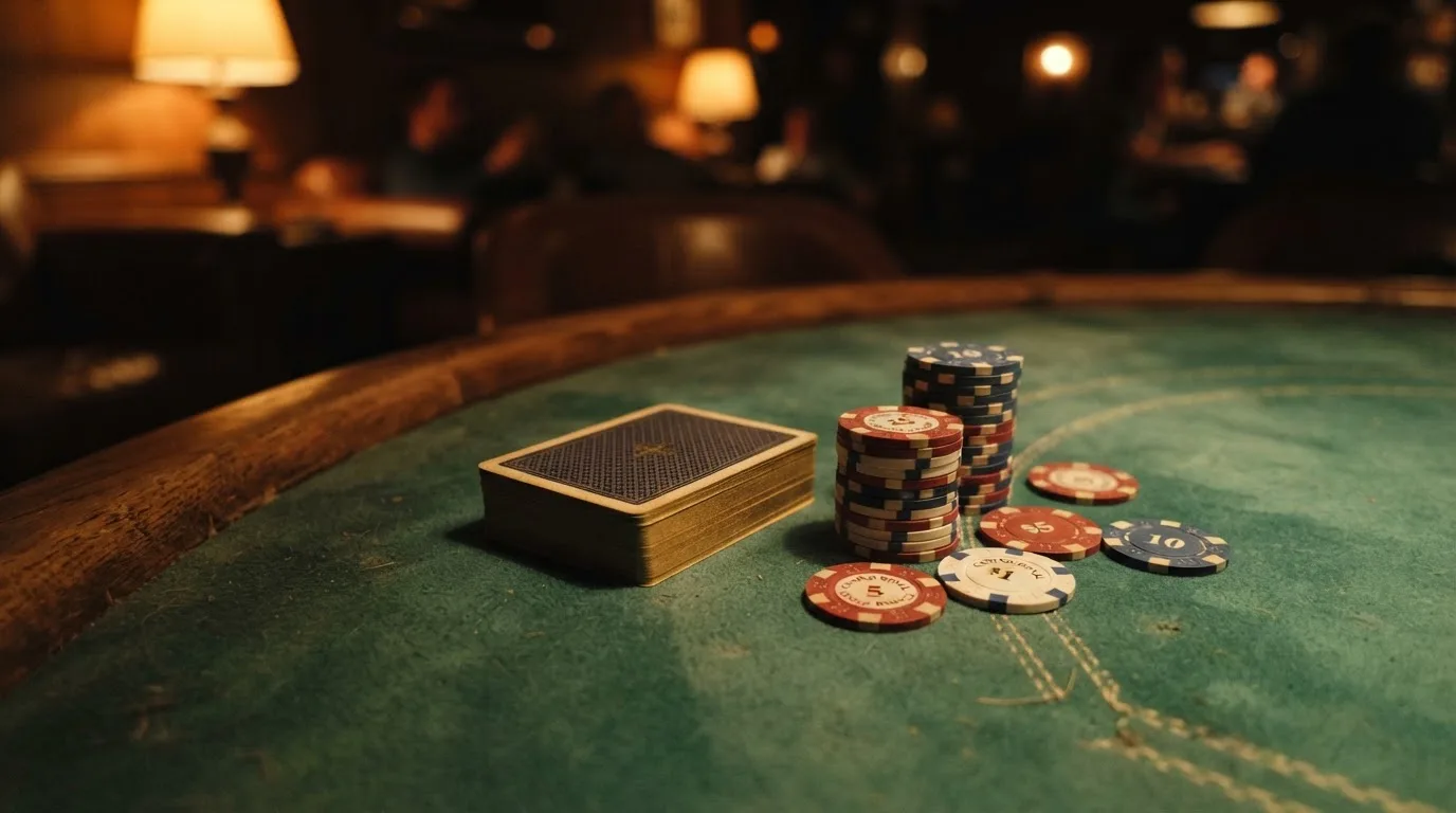 Kortlek och staplar av spelmarker på ett grönt filtbord i en dunkel salong, varmt lampsken — svenska casinon med mastercard