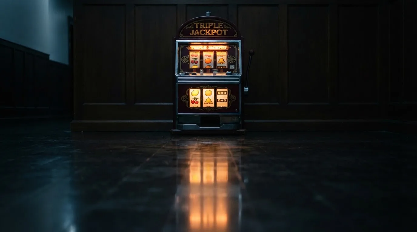 En gammal spelautomat lyser i den dunkla hallen och speglar sig i golvet — svenska casinon med mga licens