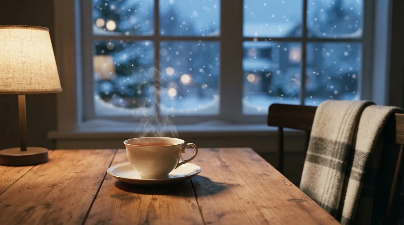 En rykande tekopp på köksbordet en vinterkväll, bakom fönstret faller snön stilla — svenska casinon med mga licens