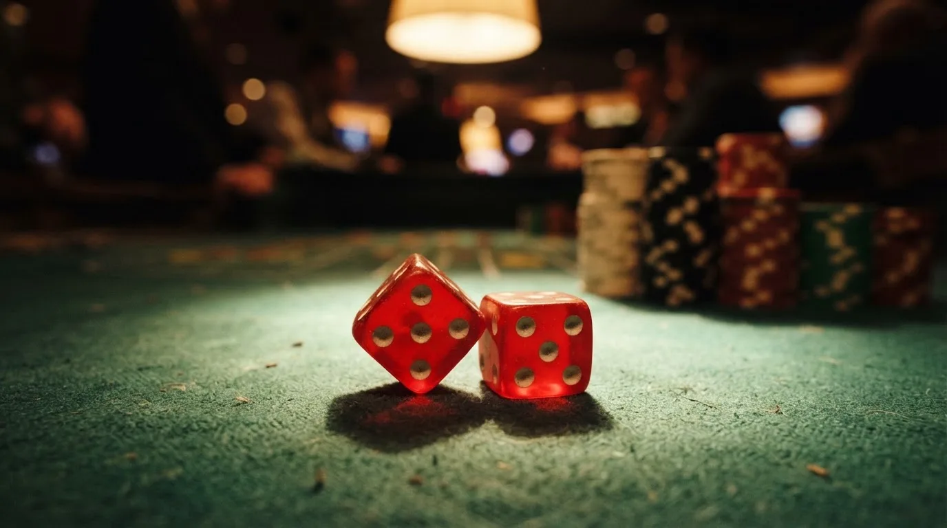 Röda tärningar vilar på grönt filt, bakom dem suddiga torn av spelmarker i kvällsdunklet — svenska casinon med neosurf