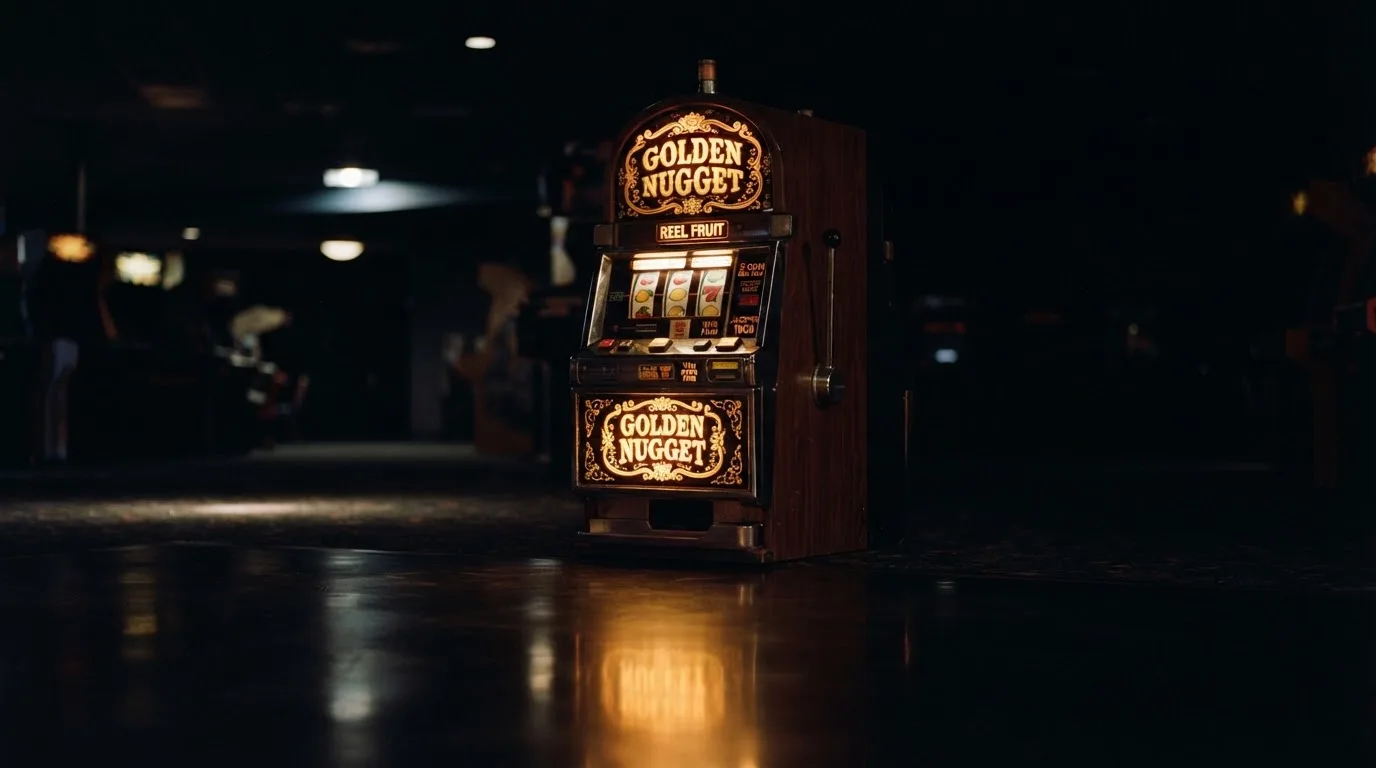 En gammal spelautomat lyser i den dunkla hallen och speglar sig i golvet — svenska casinon med neteller