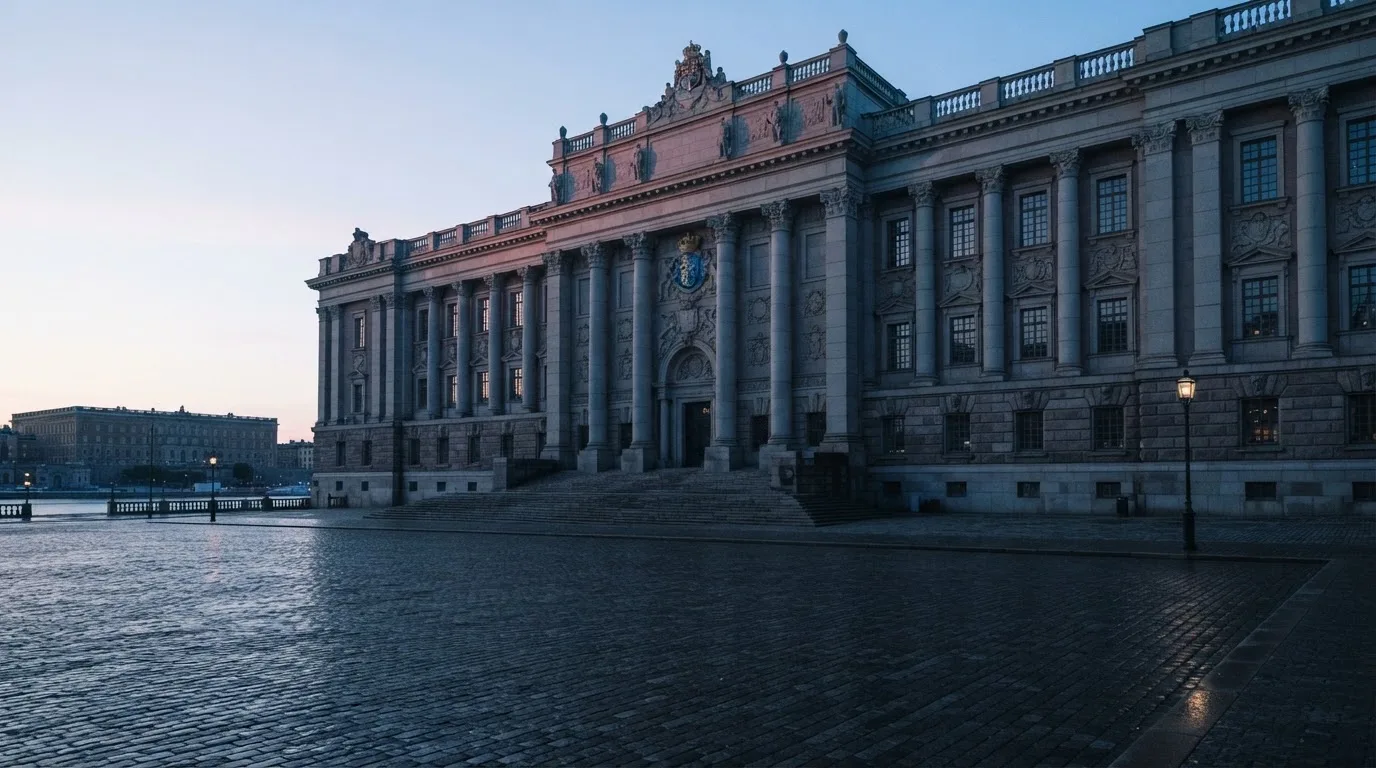 Stenfasad på en statlig byggnad i Stockholm vid gryning, höga pelare och ett tomt torg framför — svenska casinon med neteller
