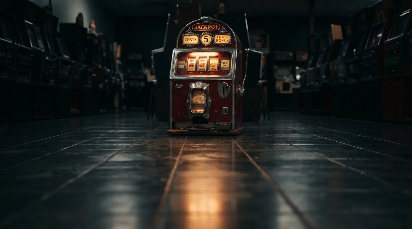En gammal spelautomat lyser i den dunkla hallen och speglar sig i golvet — svenska casinon med paypal