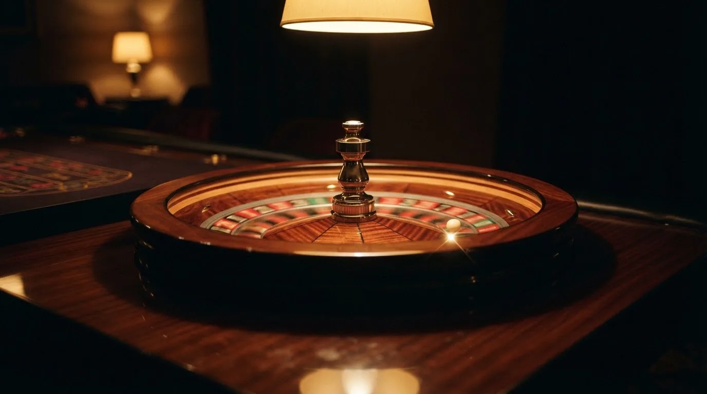 Ett roulettehjul snurrar på ett blankt träbord, den vita kulan glimmar i takljusets guld — svenska casinon med payz