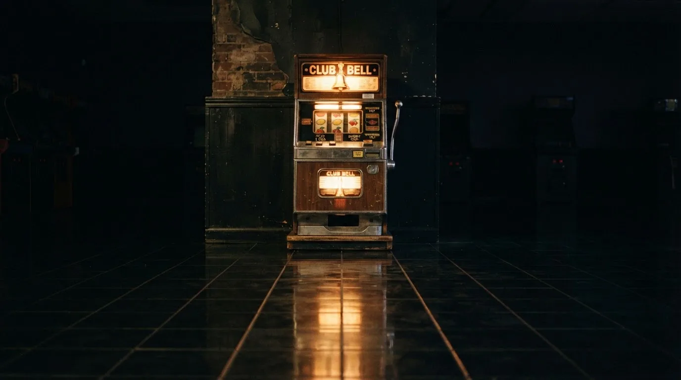 En gammal spelautomat lyser i den dunkla hallen och speglar sig i golvet — svenska casinon med siru