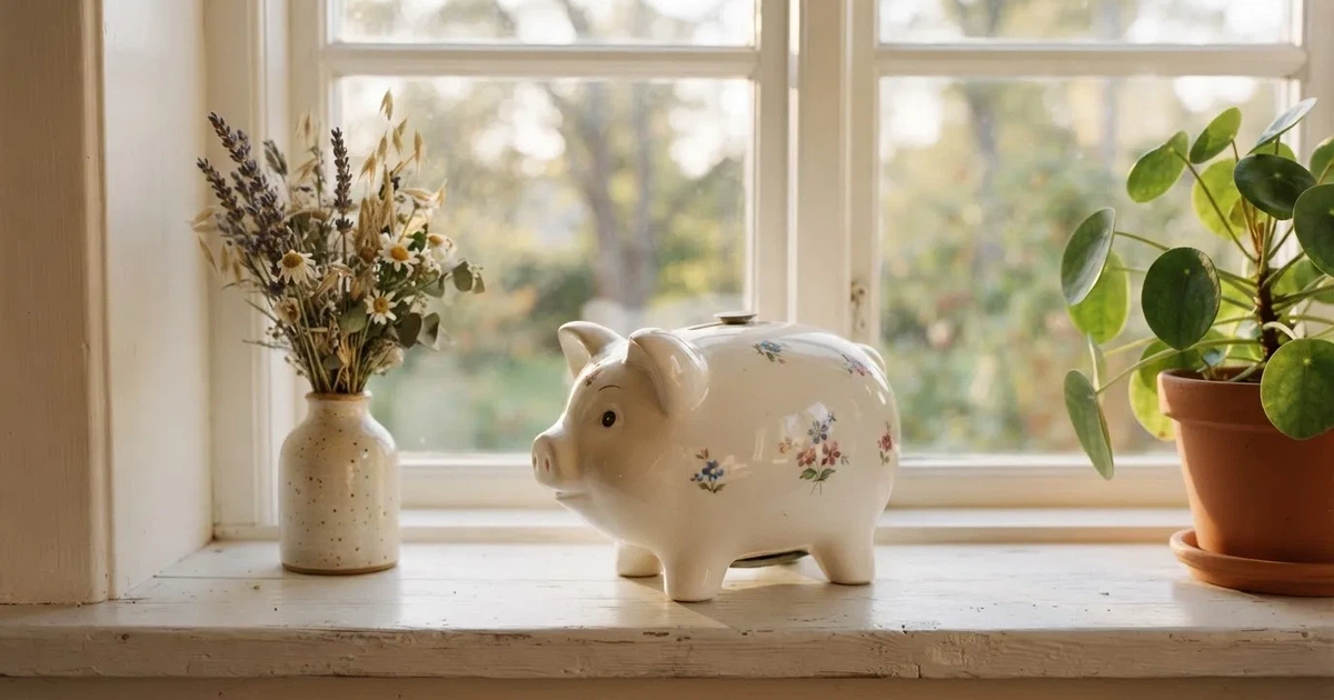 En porslinsgris på fönsterbrädan i morgonljus, bredvid en torkad blombukett och en grön växt — svenska casinon med siru