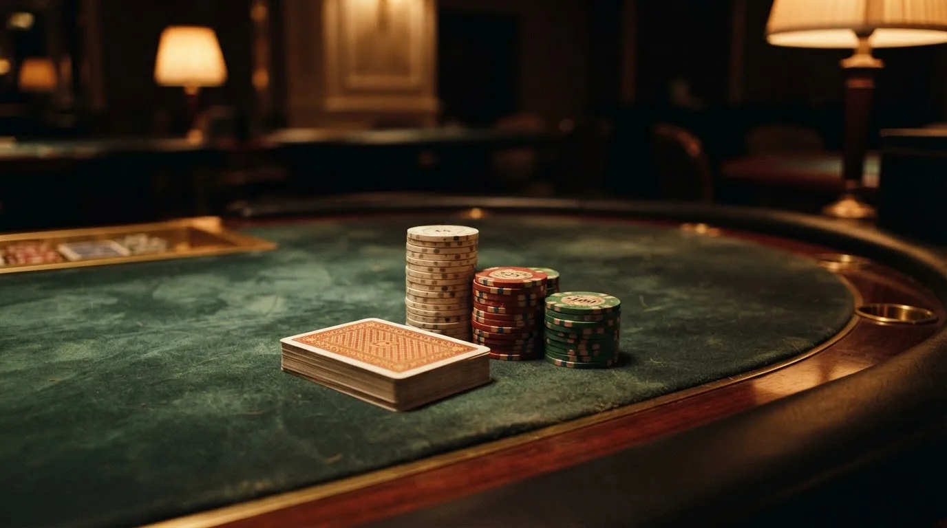 Kortlek och staplar av spelmarker på ett grönt filtbord i en dunkel salong, varmt lampsken — svenska casinon med skrill