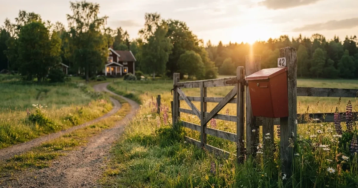 En röd brevlåda vid grinden till en lantgård en sommarkväll, daggigt gräs och långa skuggor — svenska casinon med skrill