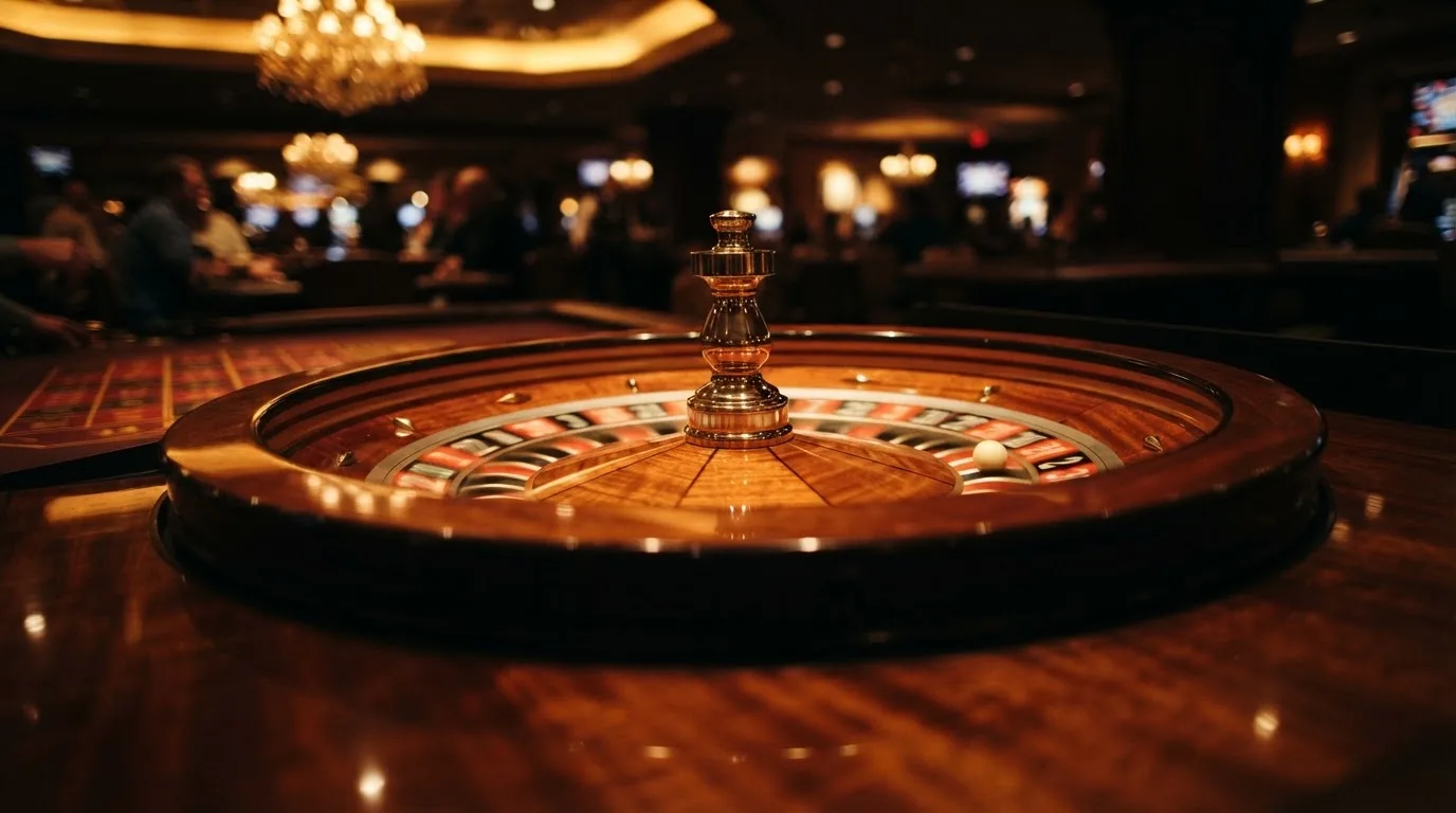 Ett roulettehjul snurrar på ett blankt träbord, den vita kulan glimmar i takljusets guld — svenska casinon med sms betalning