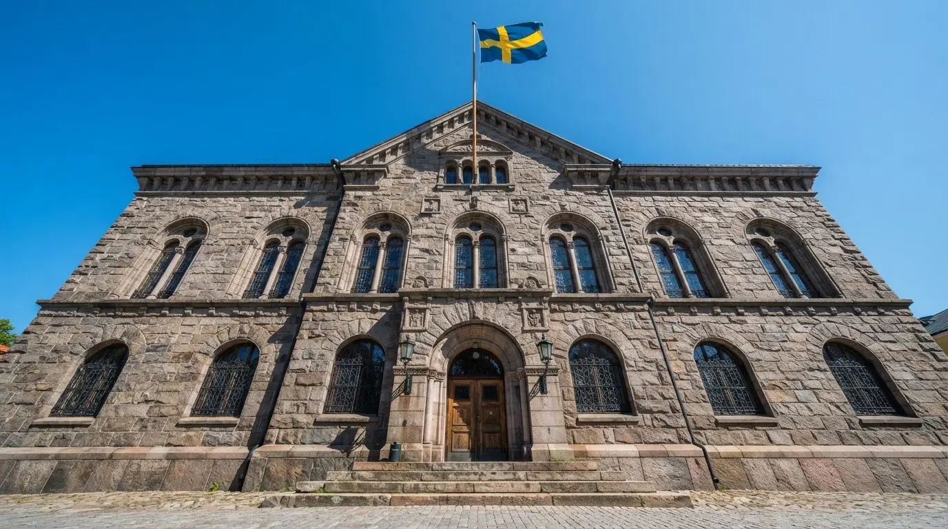 Ett gammalt stadshus i sten fotograferat underifrån mot en klarblå himmel, med den svenska flaggan som fladdrar ovanför entrén.