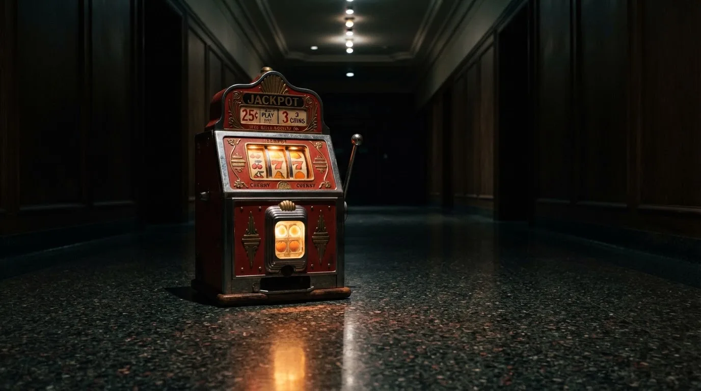 En gammal spelautomat lyser i den dunkla hallen och speglar sig i golvet — svenska casinon med tron
