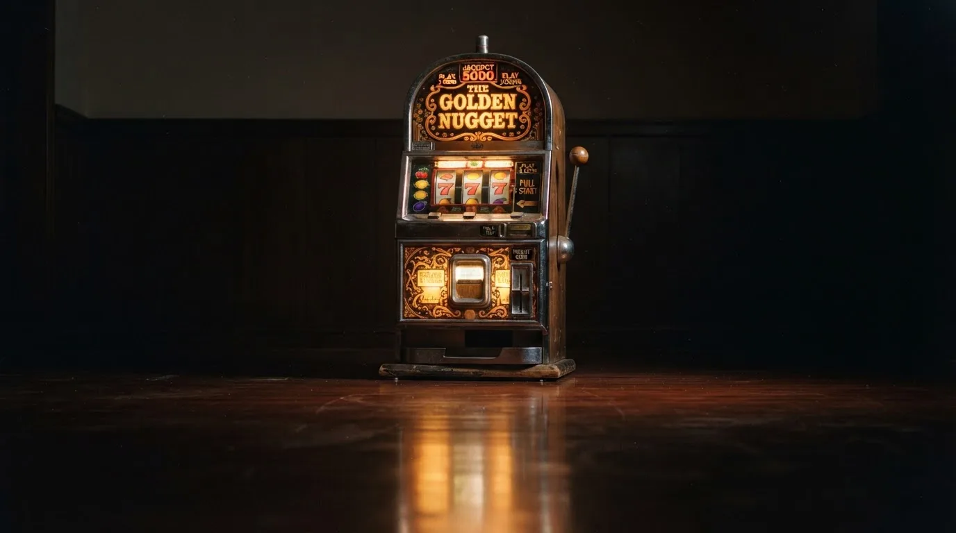 En gammal spelautomat lyser i den dunkla hallen och speglar sig i golvet — svenska casinon med visa